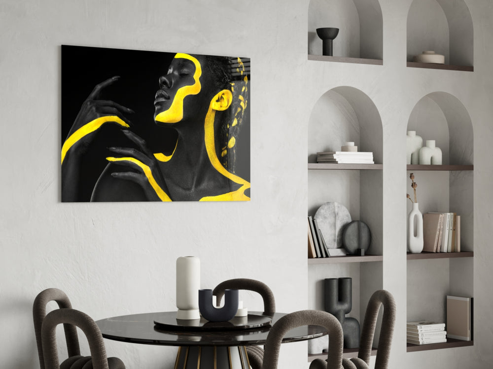 Yellow Woman panel adding editorial drama to a living room