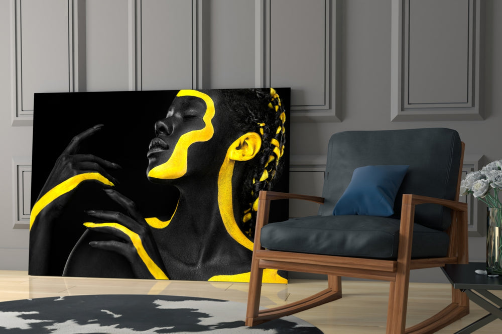 Yellow Woman glass print enhancing a study with cinematic warmth