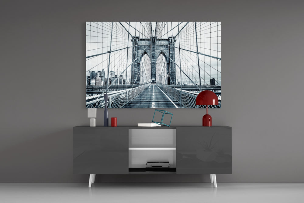 Brooklyn Bridge panel catching window light to reveal its urban serenity