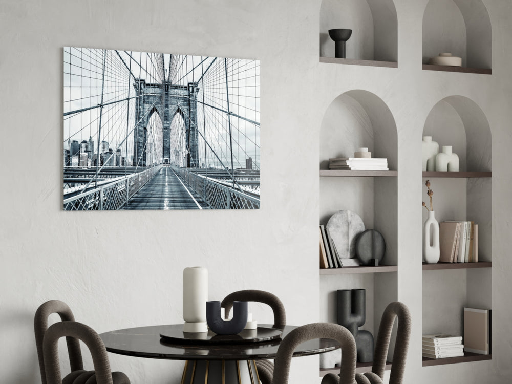 Brooklyn Bridge panel adding editorial calm to a hallway