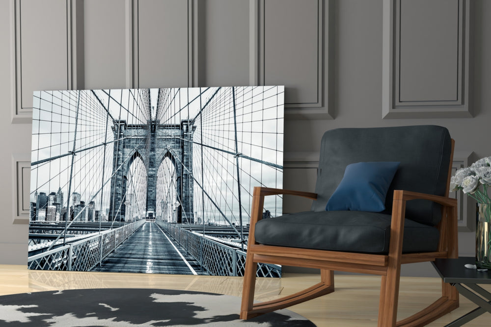 Brooklyn Bridge glass print enhancing a study with cinematic warmth