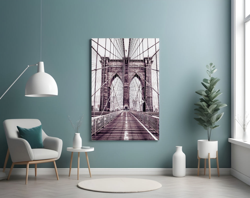 Brooklyn Bridge glass wall art styled above a console in a hallway