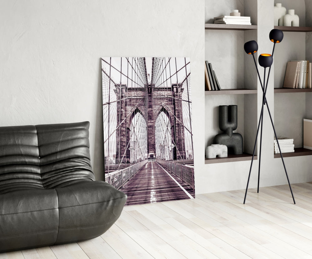 Brooklyn Bridge panel adding editorial calm to a living room