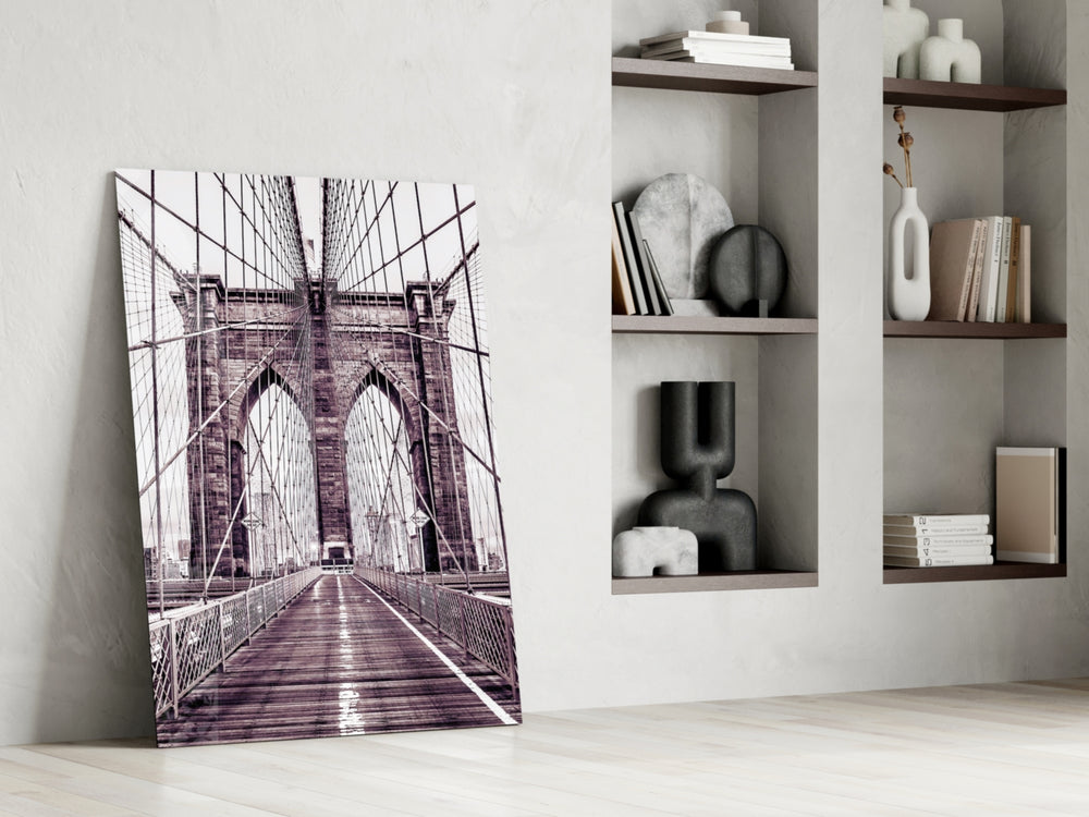 Brooklyn Bridge glass print enhancing a study with cinematic warmth