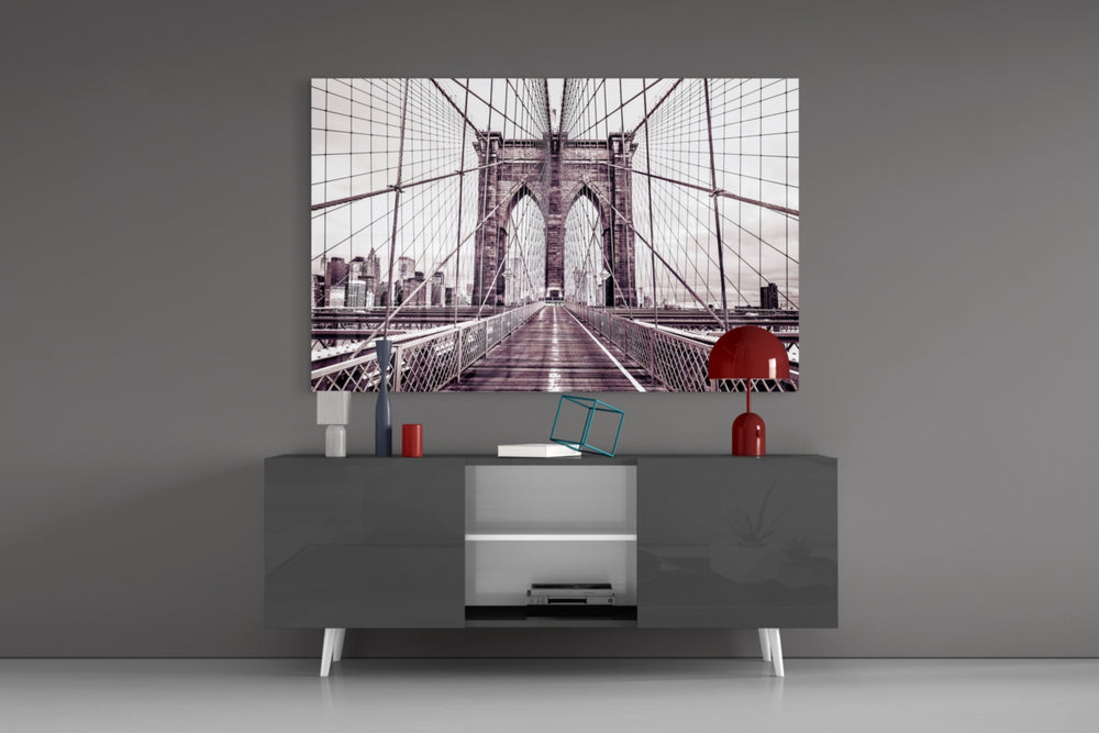 Brooklyn Bridge panel catching window light to reveal its vintage warmth