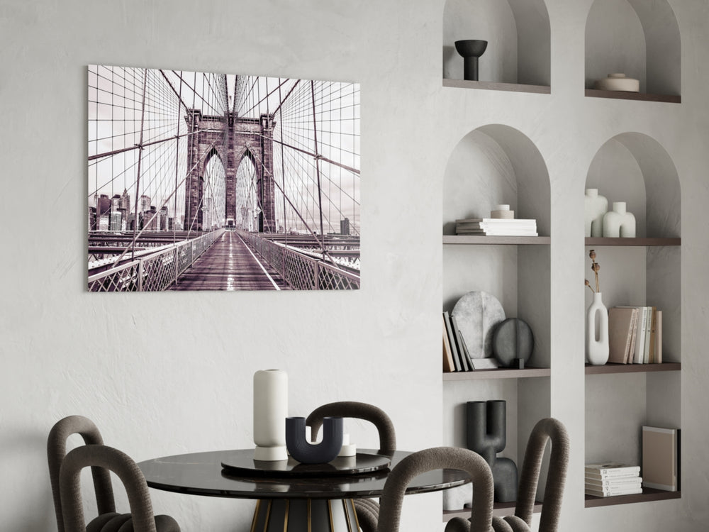Brooklyn Bridge panel adding editorial calm to a hallway