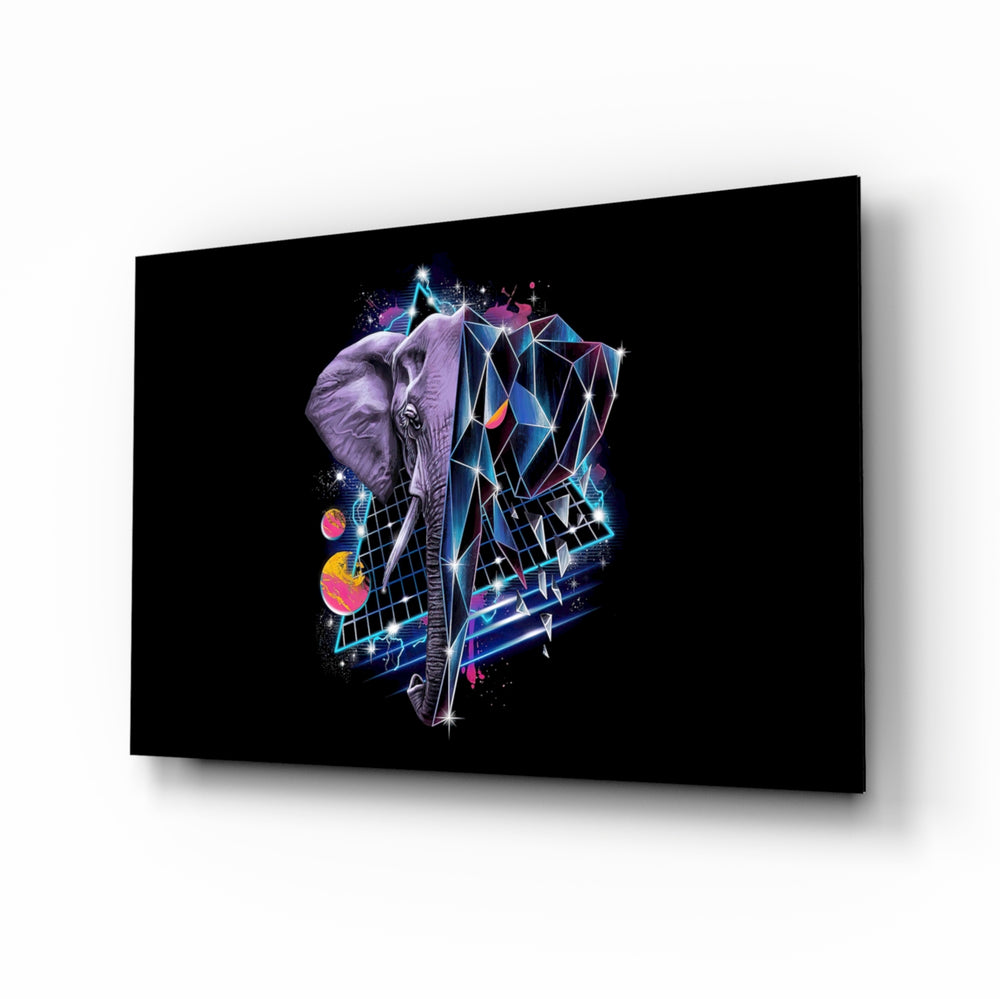 Diamond Elephant glass wall art displayed above a black leather sofa in a moody gaming lounge with neon LED strip and matte-black coffee table