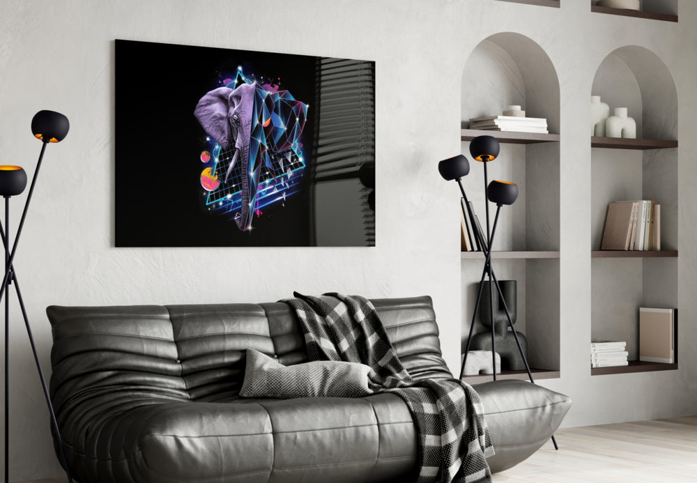 Diamond Elephant glass wall art styled above a desk in an office