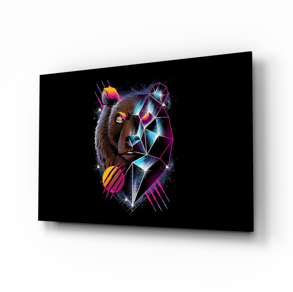 Diamond Bear glass wall art displayed above a black leather sofa in a moody gaming lounge with neon LED strip and matte-black coffee table
