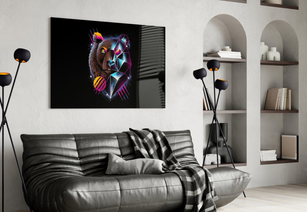 Diamond Bear glass wall art styled above a desk in an office
