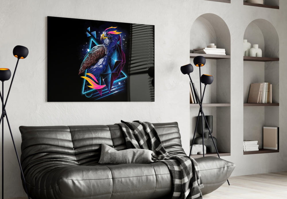 Diamond Hawk glass wall art styled above a desk in an office