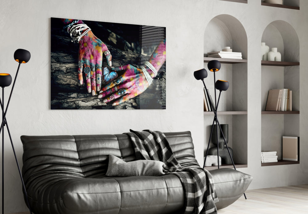 Hands of Nature glass wall art styled above a console in a hallway