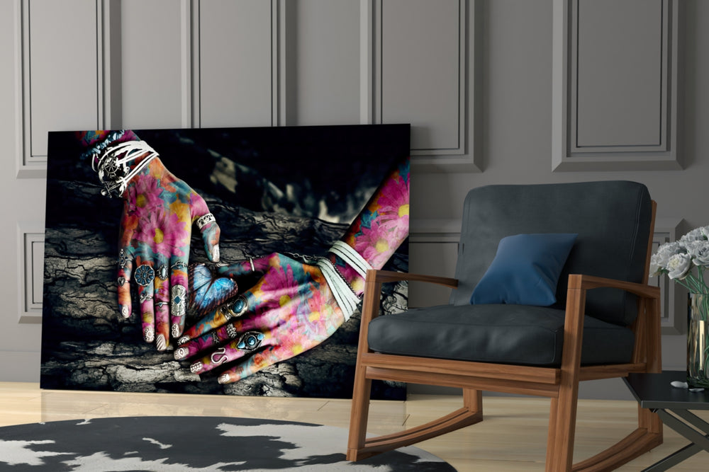 Hands of Nature glass print enhancing a yoga studio with cinematic warmth