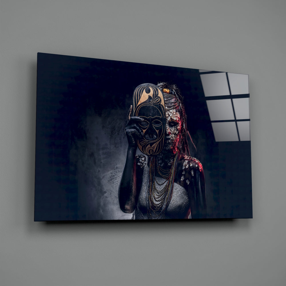 Editorial-portrait panel bringing mysterious gravity to a contemporary lounge