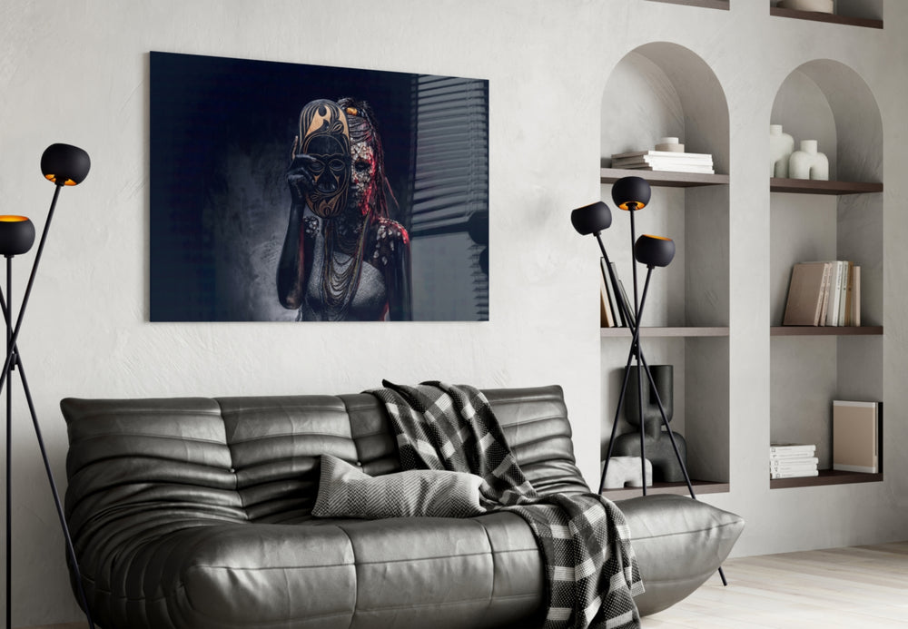 Behind the Mask glass wall art styled above a console in a hallway