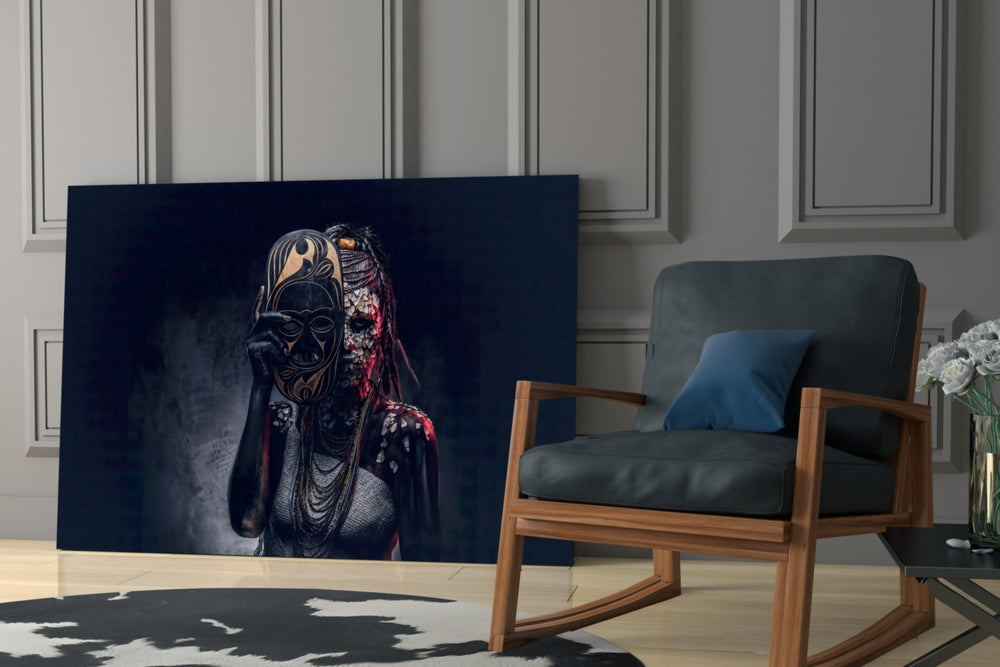 Behind the Mask glass print enhancing a salon with cinematic warmth