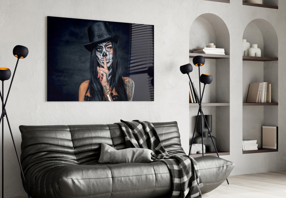 Sssh glass wall art styled above a console in a hallway
