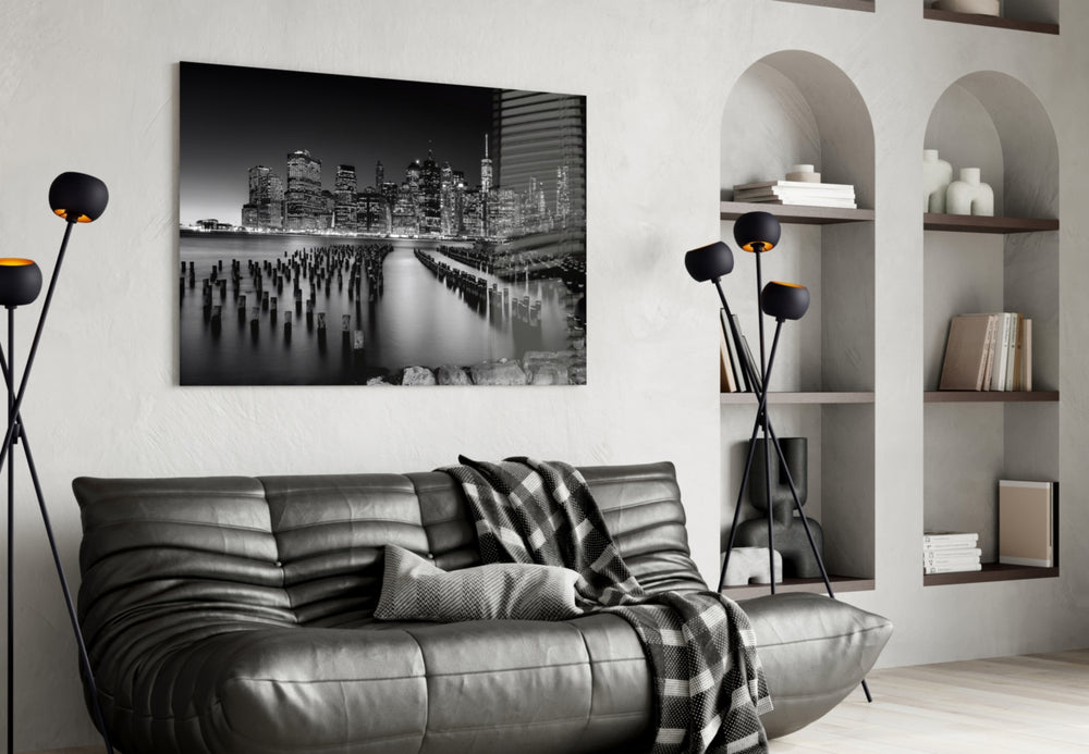 City Night glass wall art styled above a desk in an office