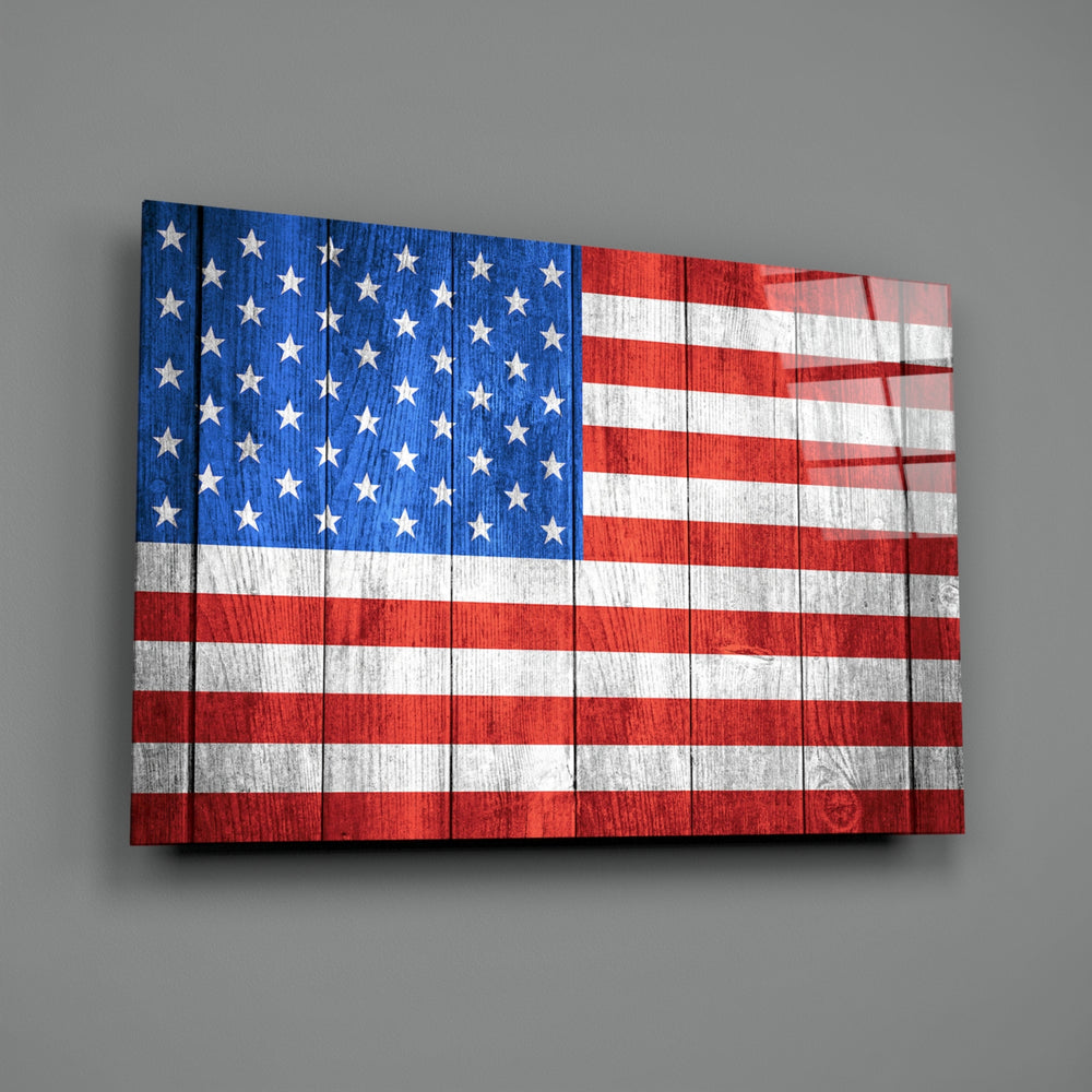 Rustic-flag panel bringing patriotic warmth to a contemporary lounge