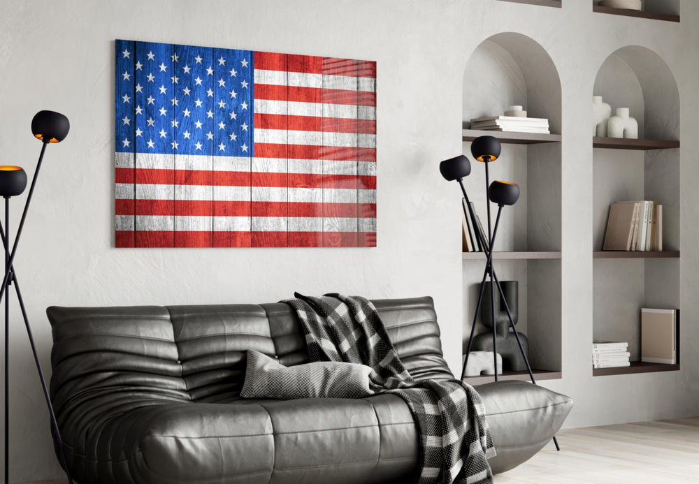 Flag of the United States glass wall art styled above a desk in an office