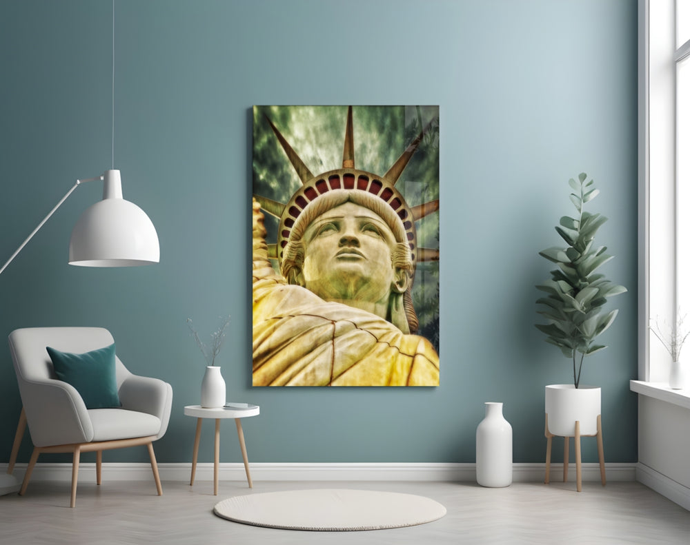 The Statue of Liberty glass wall art styled above a desk in an office