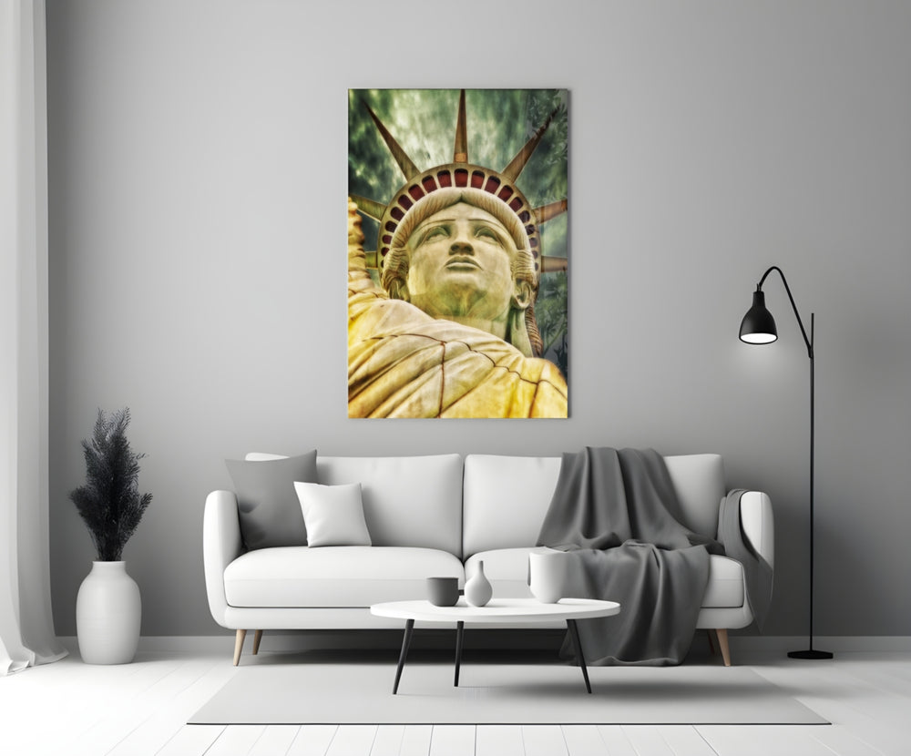 The Statue of Liberty close-up showing crown rays and torch hand against jade-and-gold sky