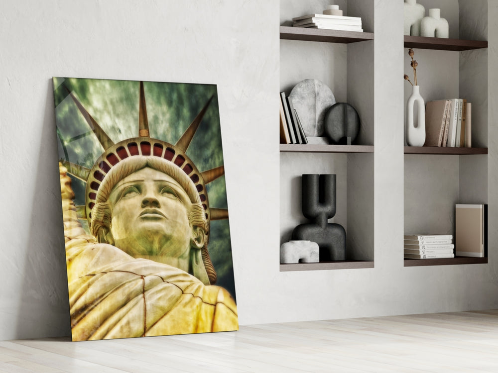 The Statue of Liberty glass print enhancing a study with cinematic warmth