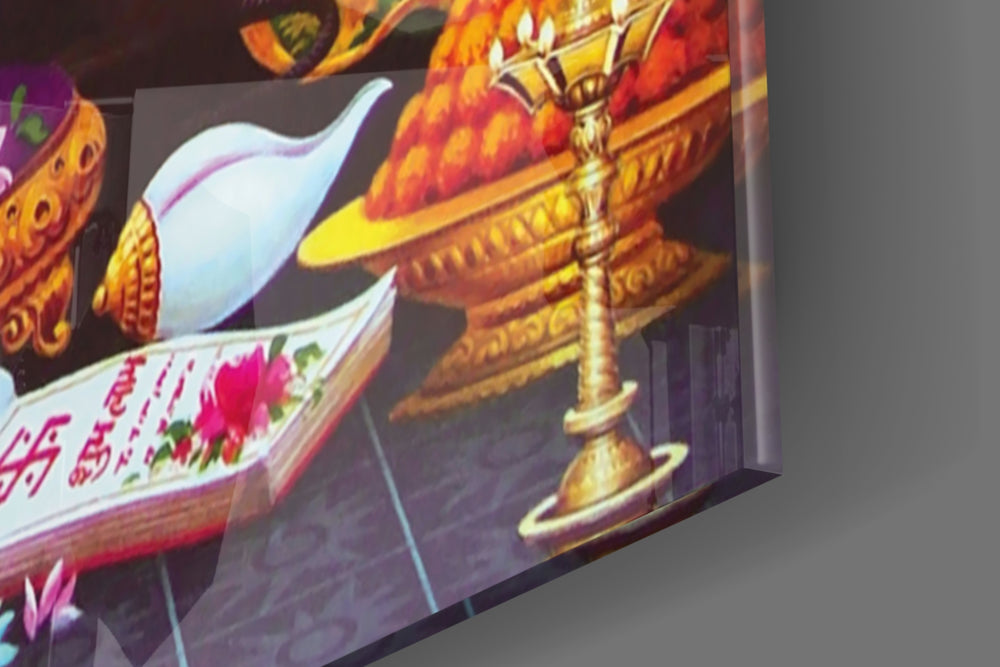 Ganesha artwork anchoring a wall with warm sacred palette
