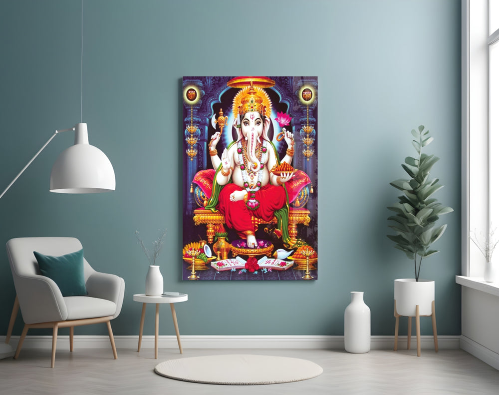 Ganesha glass wall art styled in a meditation room