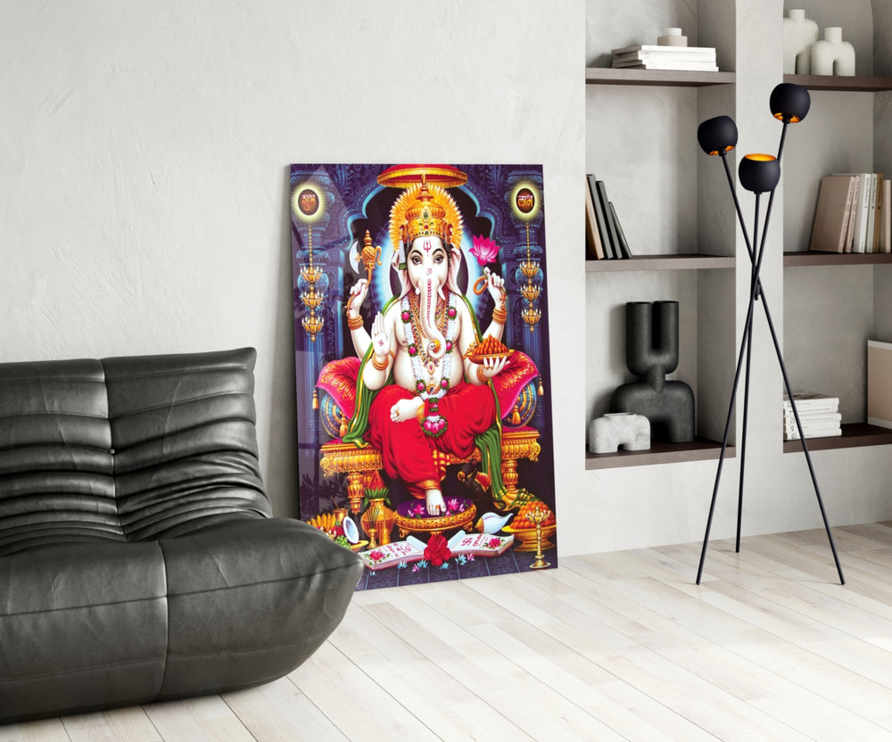 Ganesha panel adding editorial calm to a hallway