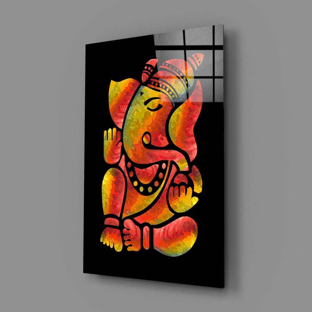 Modernist-Hindu panel bringing sacred glow to a contemporary lounge