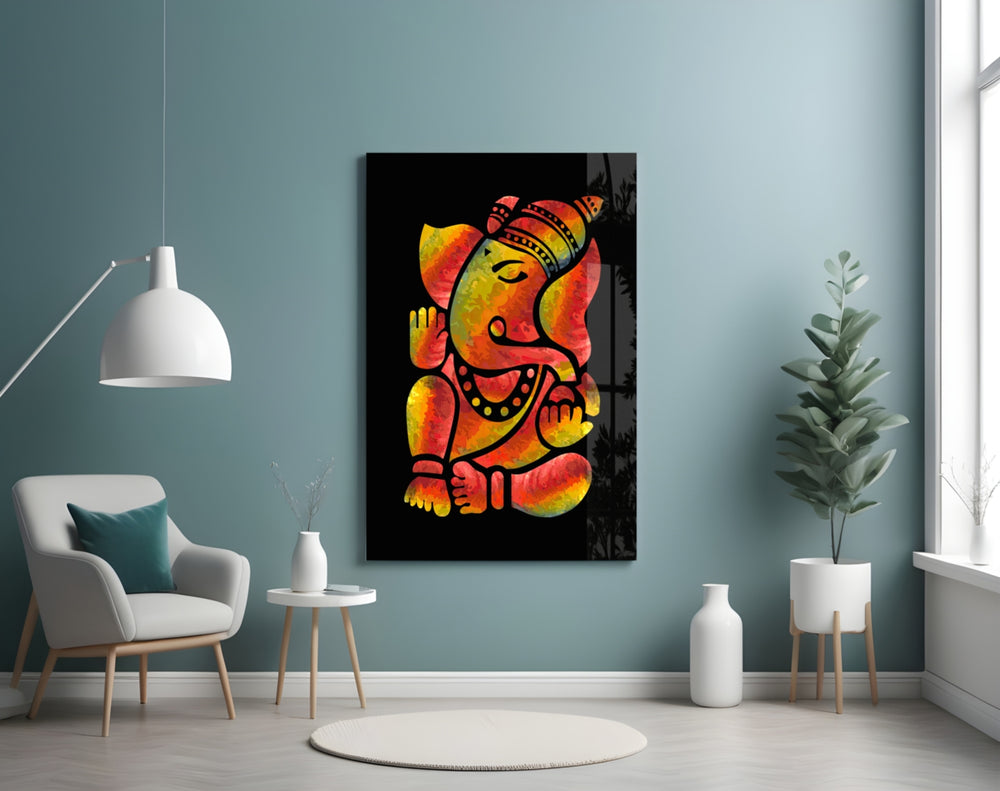 Ganesha glass wall art styled in a meditation room