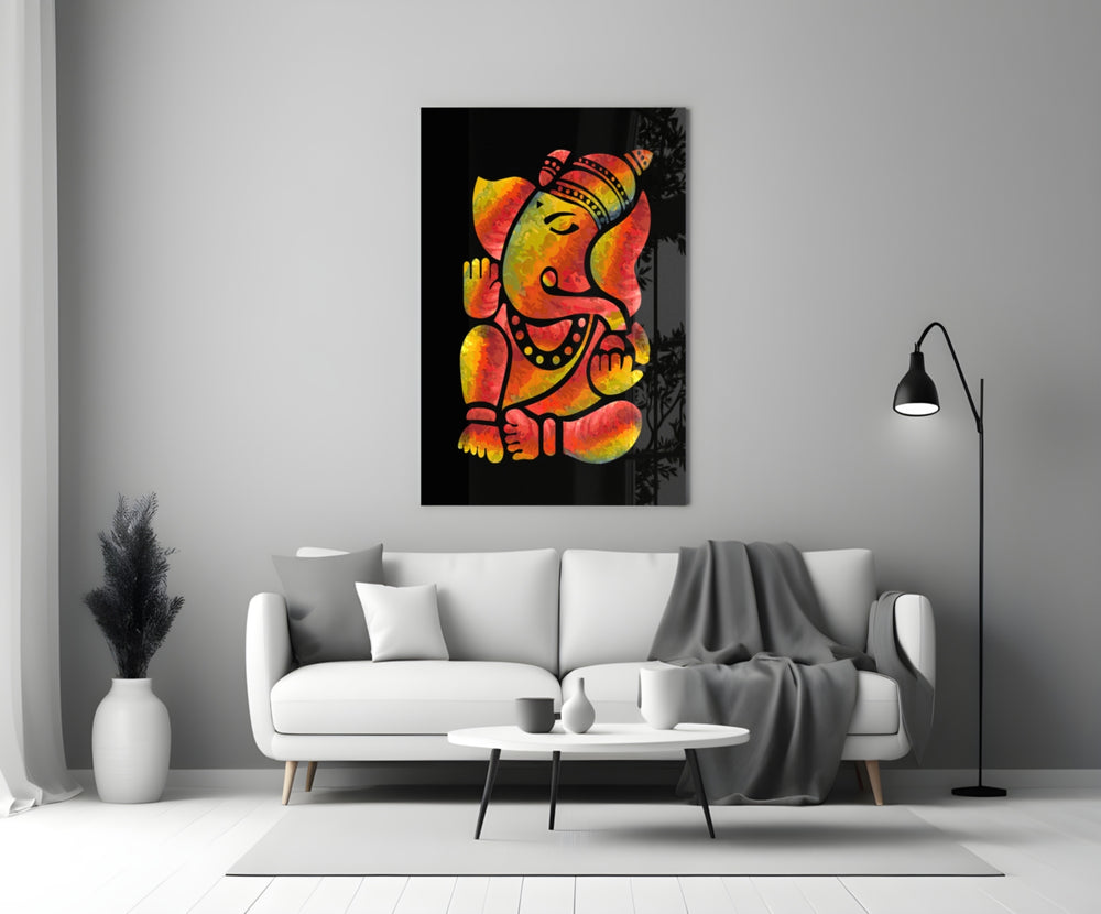 Ganesha close-up showing modernist contour with marigold and crimson watercolor washes