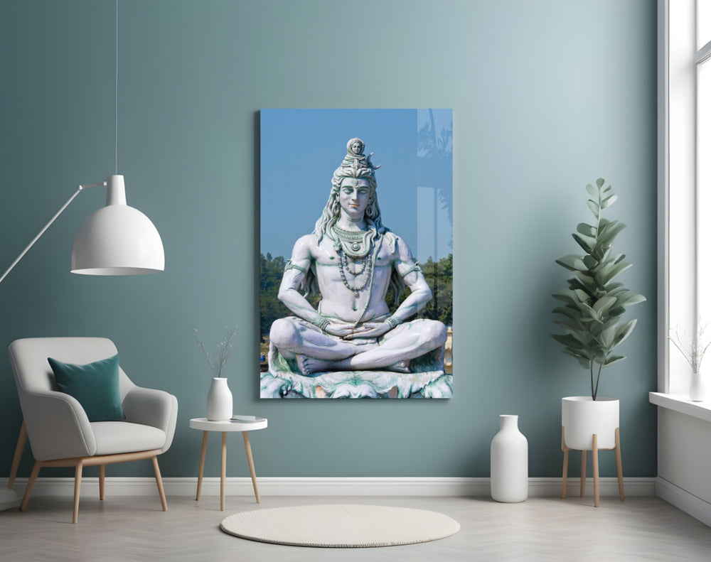 Shiva in Meditation glass wall art styled in a meditation room
