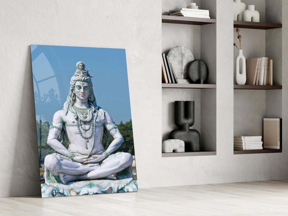 Shiva in Meditation glass print enhancing a yoga studio with cinematic warmth