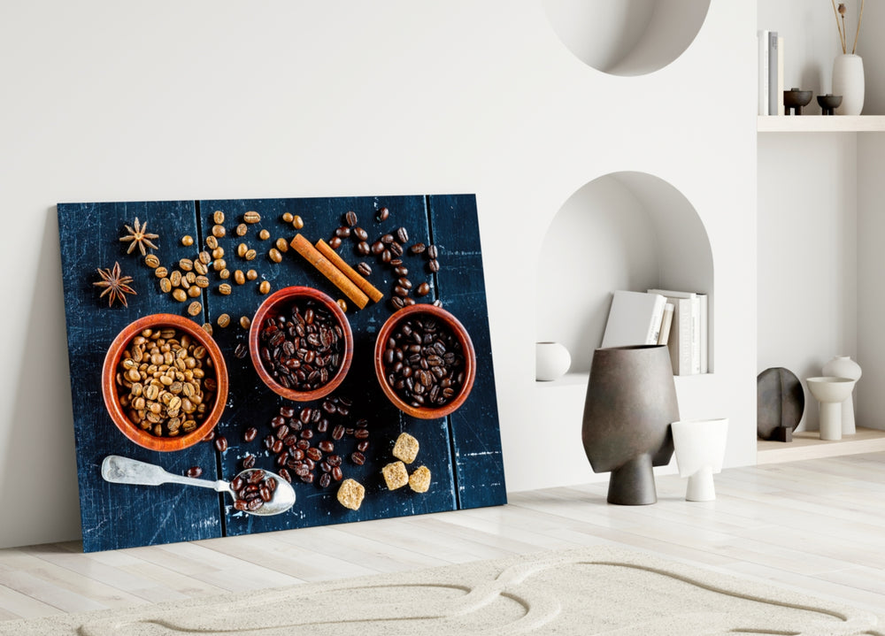 Spices close-up showing three roasts in terracotta cups with cinnamon and star anise