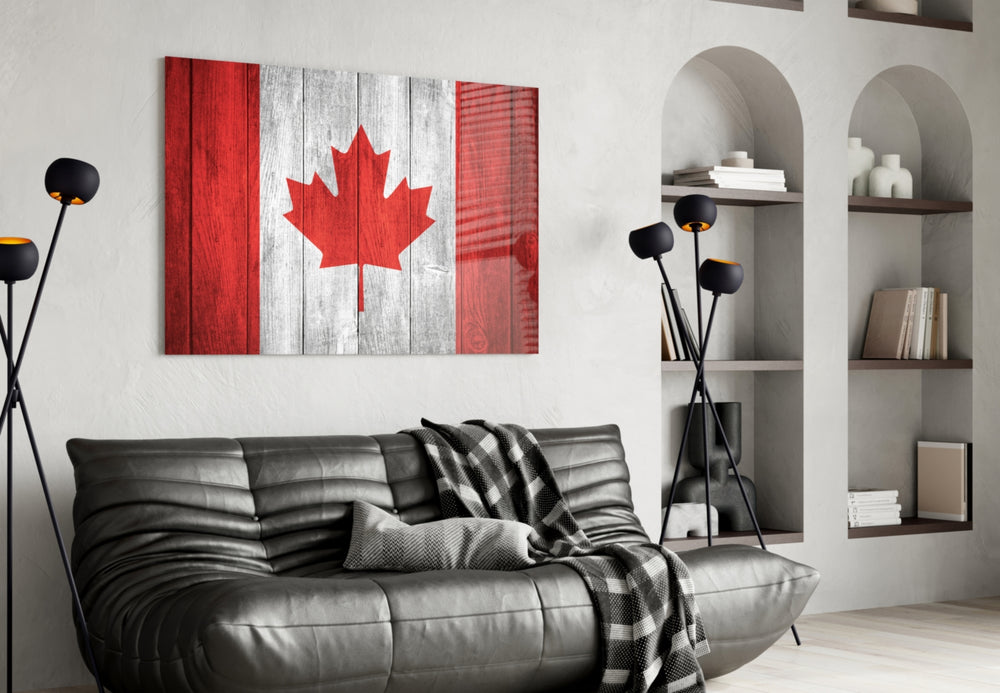 Flag of Canada glass wall art styled above a desk in an office