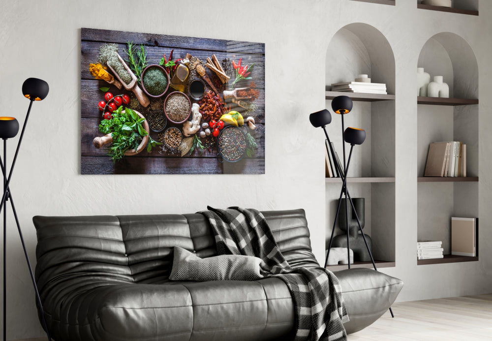 Spices glass wall art styled in a café