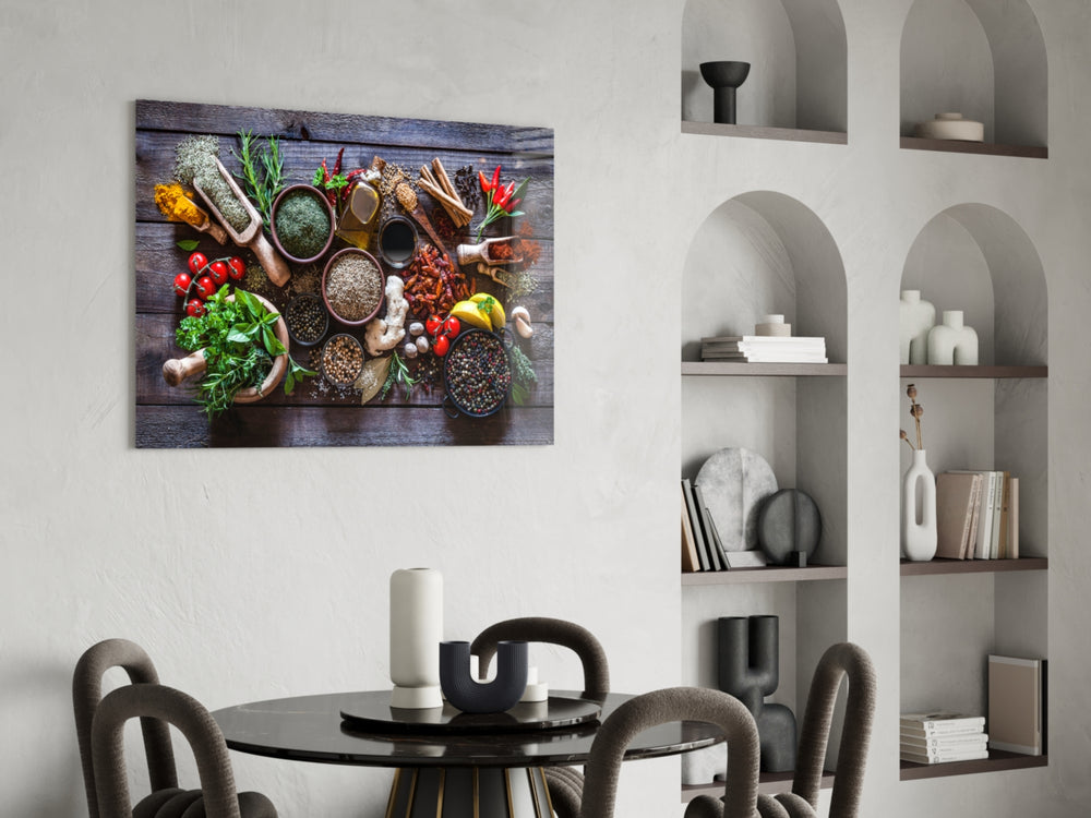 Spices panel adding editorial appetite to a dining room