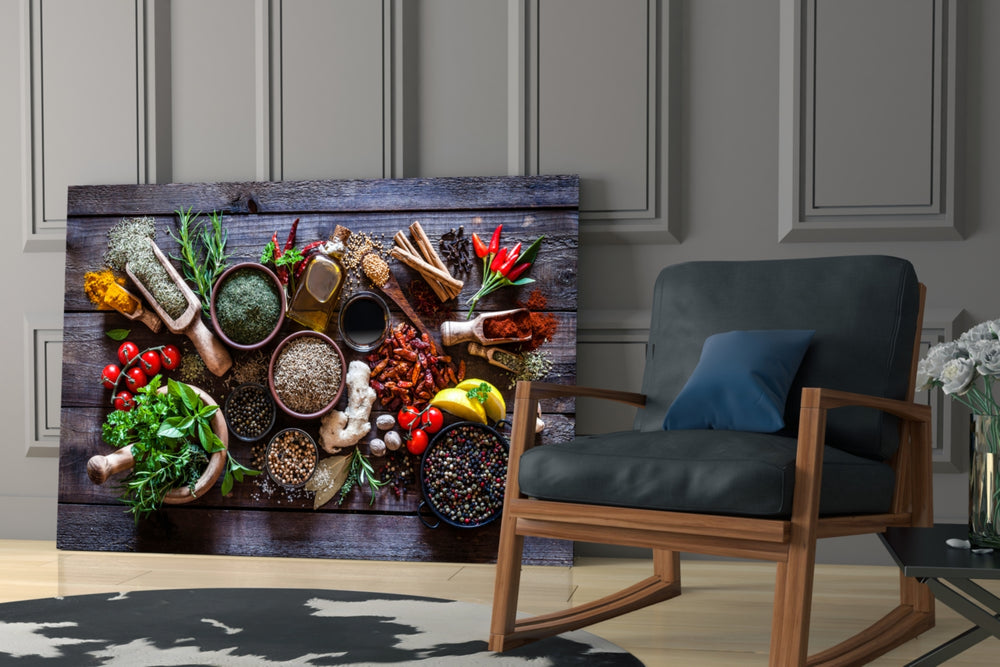 Spices glass print enhancing a breakfast nook with cinematic warmth