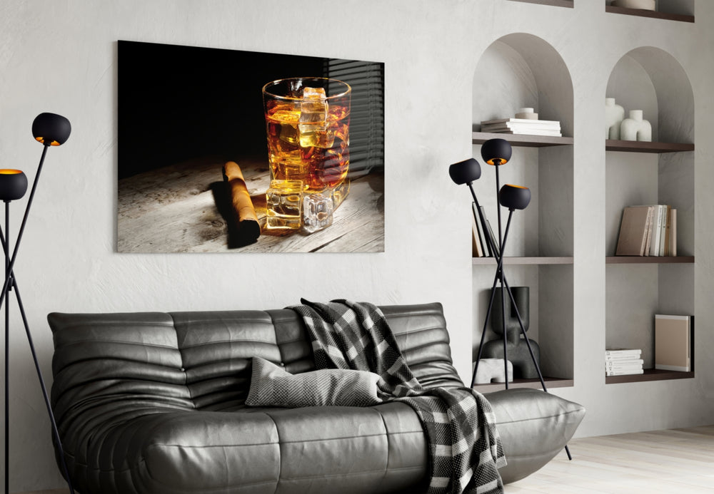 Whiskey glass wall art styled above a sideboard in a home bar
