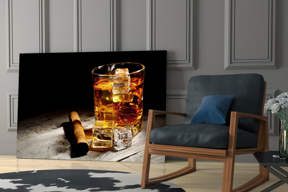 Whiskey glass print enhancing a study with cinematic warmth
