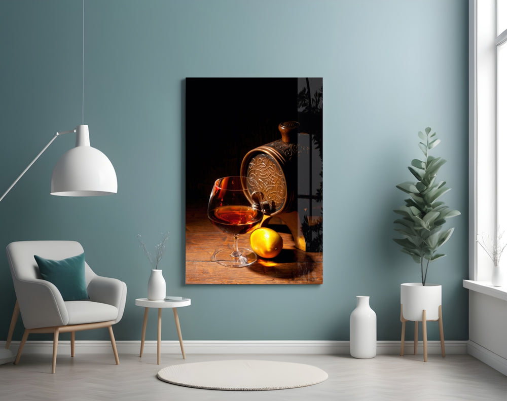 Wine glass wall art styled above a sideboard in a home bar