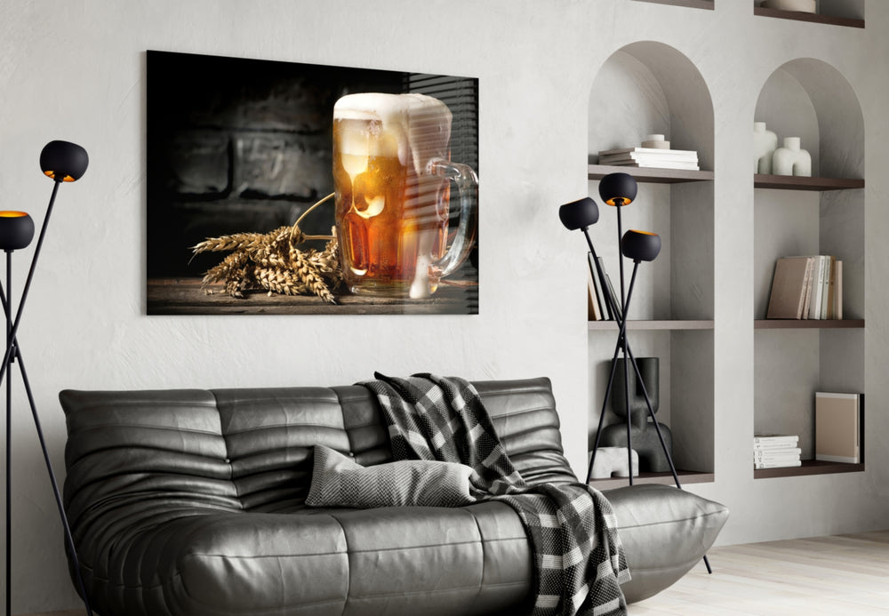 Beer glass wall art styled above a sideboard in a home bar