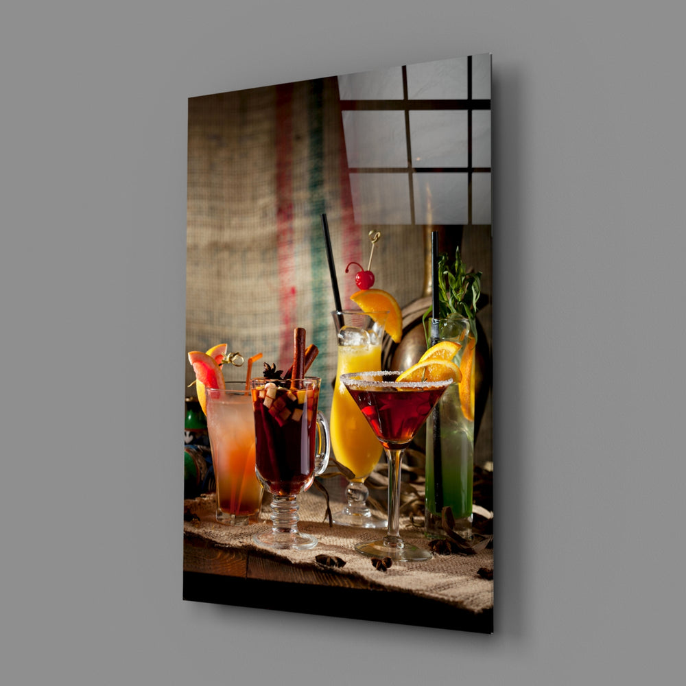 Barware-still-life panel bringing festive warmth to a contemporary dining room