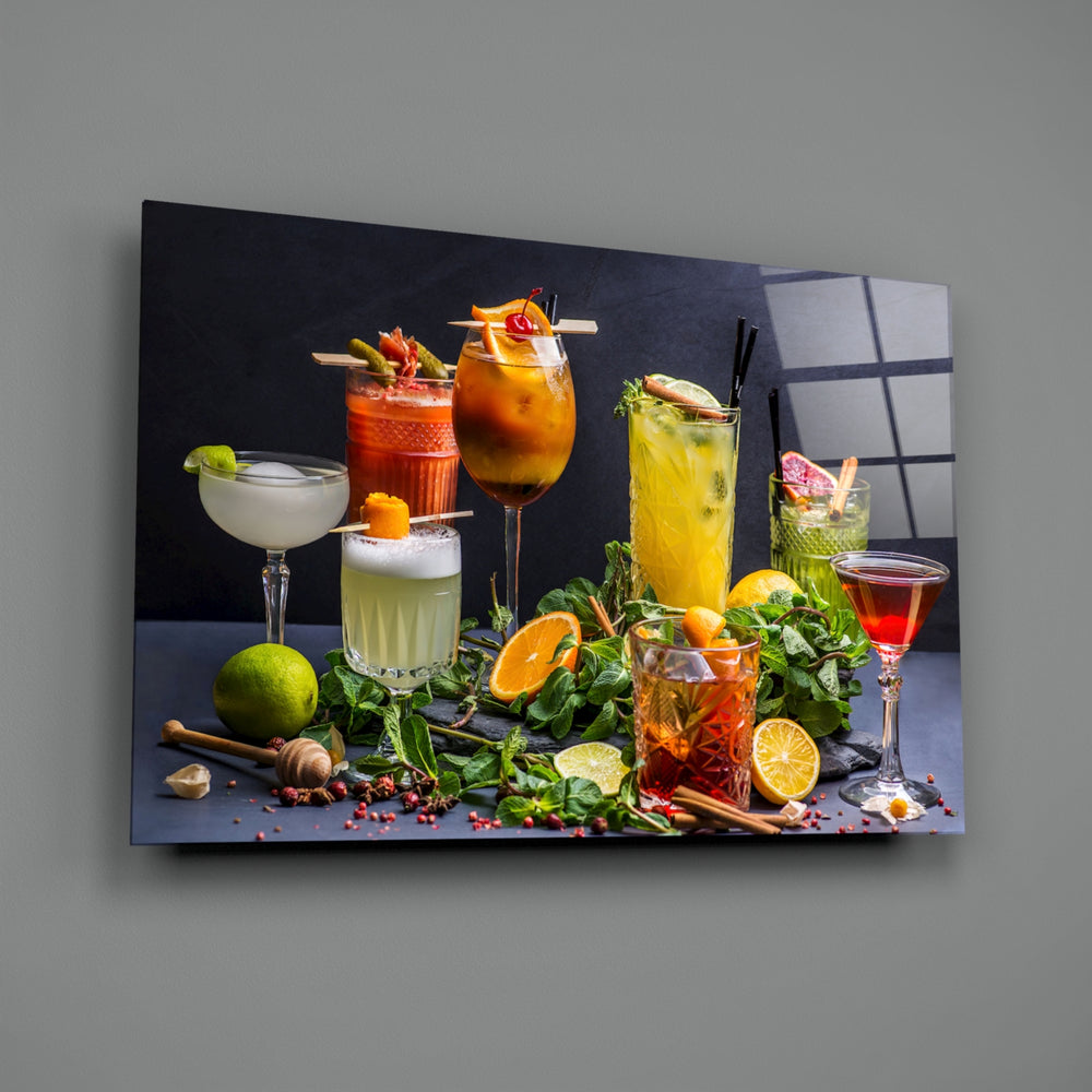 Barware-still-life panel bringing festive vibrance to a contemporary dining room