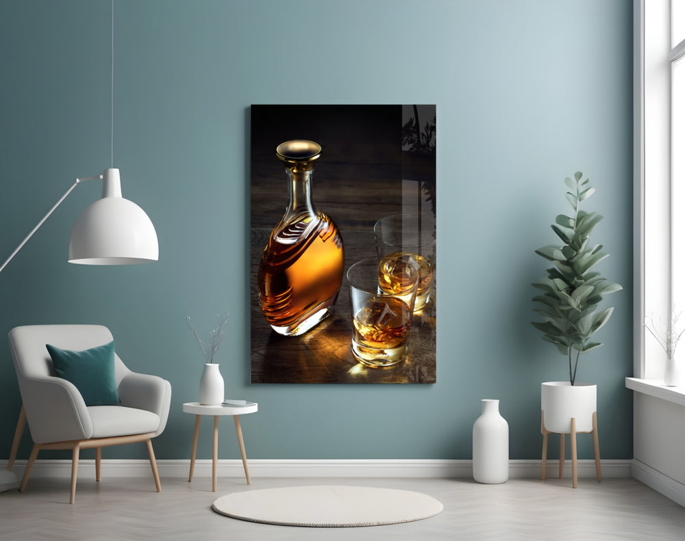 Whiskey glass wall art styled above a sideboard in a home bar