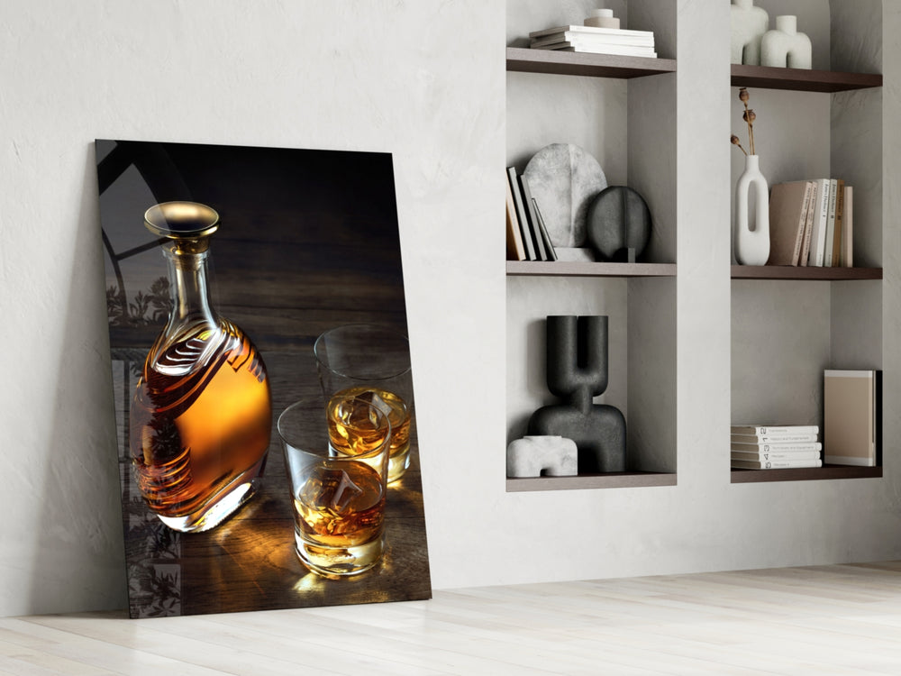 Whiskey glass print enhancing a man cave with cinematic warmth