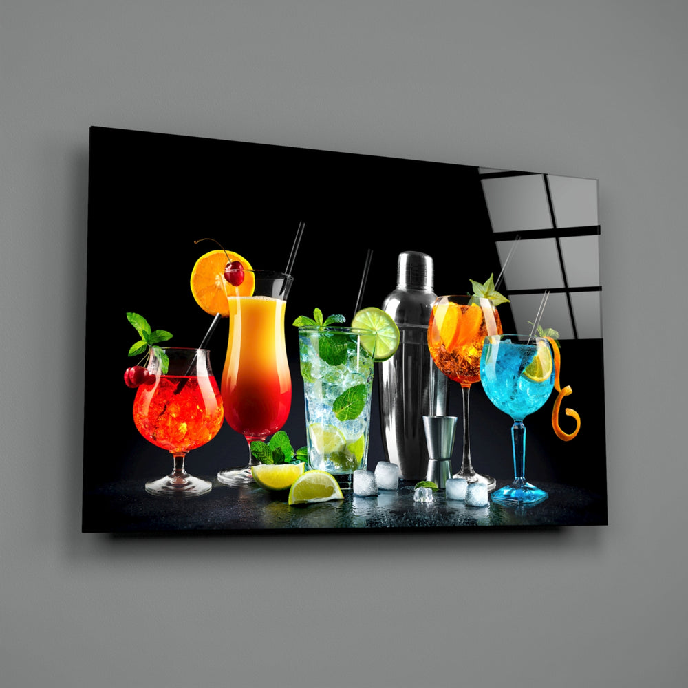 Barware-still-life panel bringing electric vibrance to a contemporary dining room