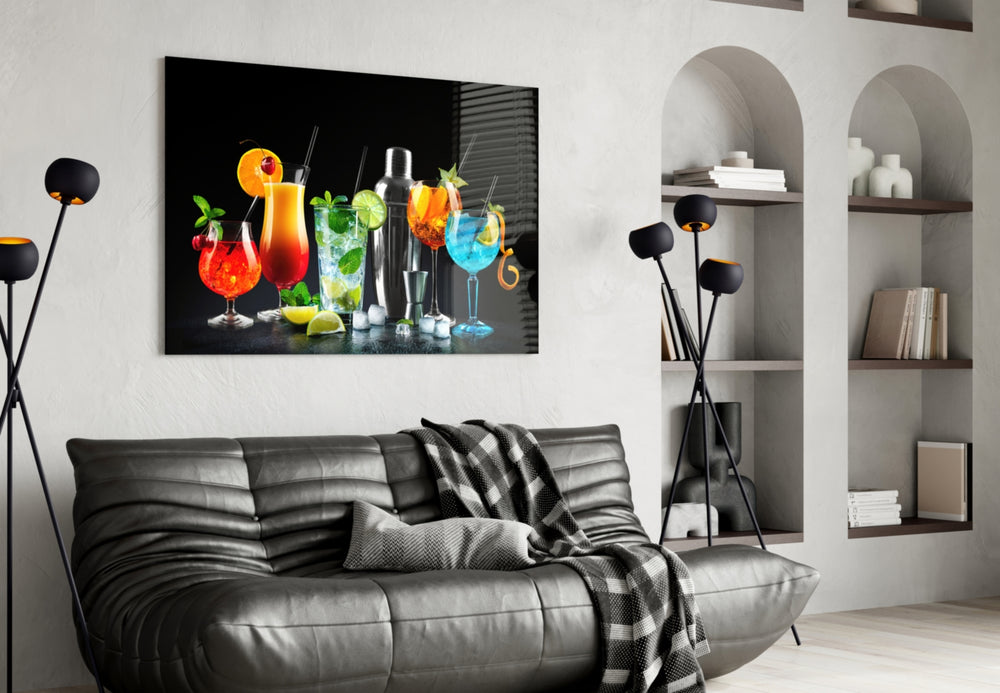 Cocktails glass wall art styled above a sideboard in a home bar